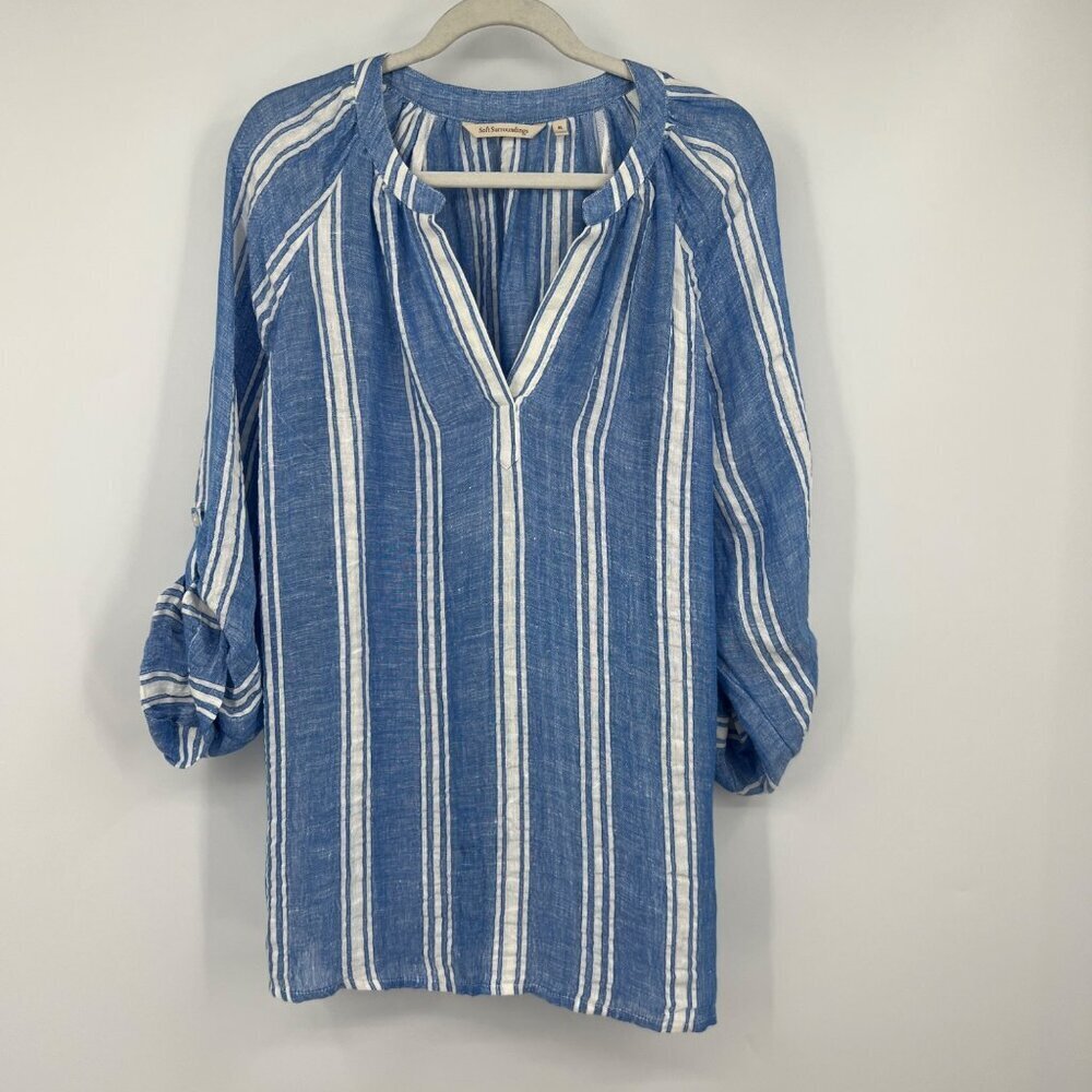 Soft Surroundings Top Womens XL Linen Blend Tunic Blue White Coastal Mature